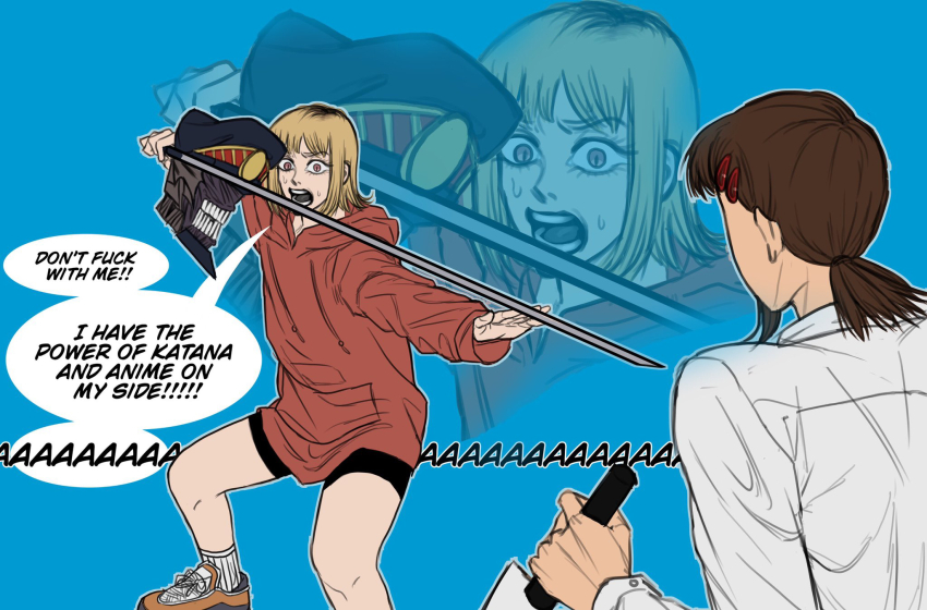 black_hair black_shorts bleached_hair blonde_hair blue_background brown_eyes brown_hair chainsaw_man constricted_pupils english_text foot_out_of_frame hair_ornament hairclip higashiyama_kobeni highres holding holding_knife holding_sword holding_weapon hood hoodie i_have_the_power_of_god_and_anime_on_my_side_(meme) katana katana_man_(chainsaw_man) knife lit2angry2die looking_at_another low_ponytail medium_hair meme multicolored_hair open_mouth orange_shoes ponytail profanity red_hoodie roots_(hair) sawatari_akane_(chainsaw_man) screaming shirt shoes short_bangs short_hair short_ponytail shorts simple_background sneakers socks standing sword teeth weapon white_shirt white_socks zoom_layer