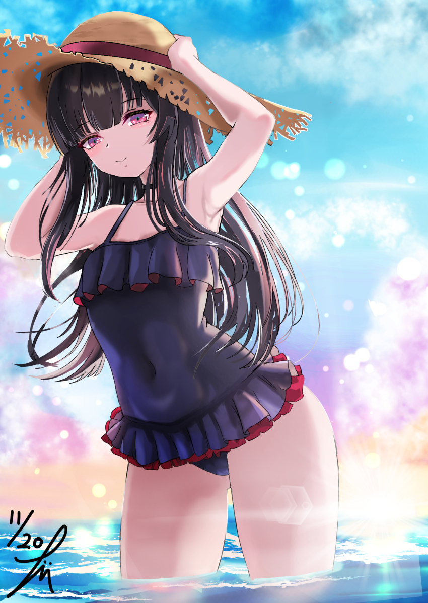 black_hair black_one-piece_swimsuit blue_sky blunt_bangs braid brown_hat casual_one-piece_swimsuit cloud covered_navel dated dress_swimsuit frilled_one-piece_swimsuit frills girls&#039;_frontline girls&#039;_frontline_2:_exilium hat highres long_hair one-piece_swimsuit red_eyes sakura_(girls&#039;_frontline_2) single_braid sky straw_hat sun_hat sunrise swimsuit takumi_munato type_100_(girls&#039;_frontline) wading water