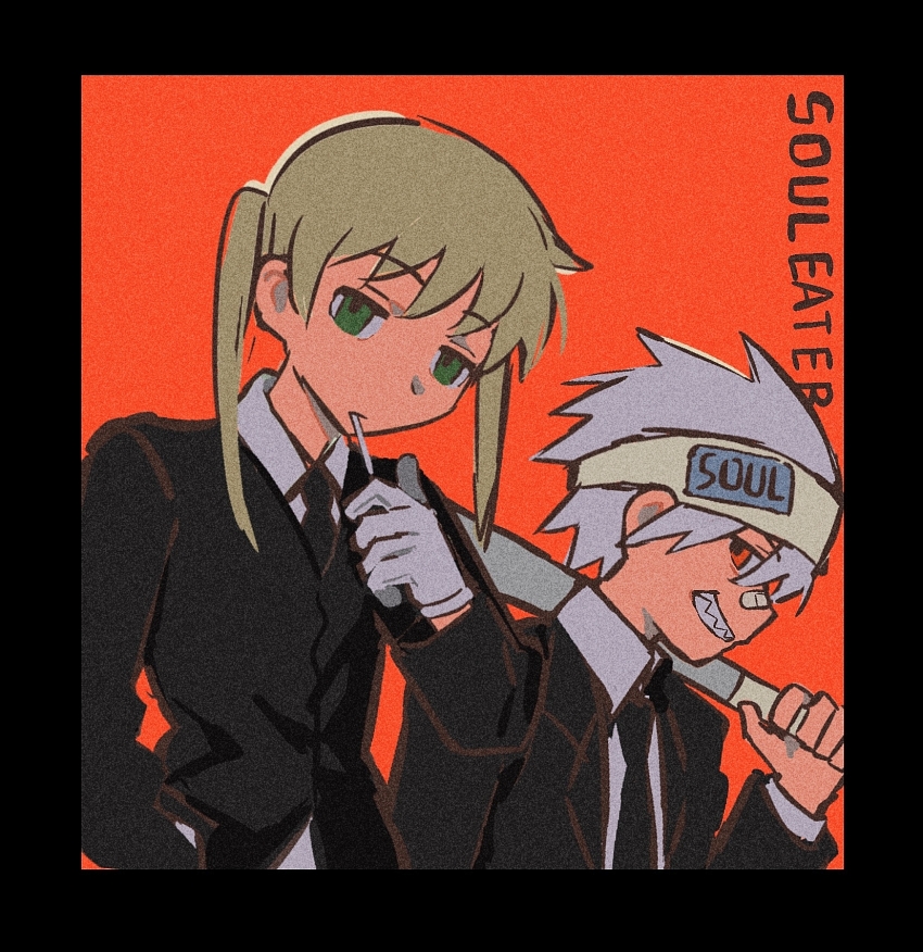 1boy 1girl bandaid bandaid_on_face bandaid_on_nose black_border black_jacket black_necktie blonde_hair border cigarette copyright_name film_grain gloves green_eyes grin headband highres jacket lapels long_sleeves maka_albarn necktie notched_lapels open_clothes open_jacket red_background red_eyes rice_(somasuki_77) shirt short_hair simple_background smile soul_eater soul_evans twintails white_gloves white_hair white_shirt yellow_headband