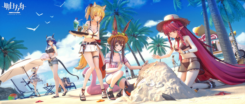 1boy 3d 6+girls :d absurdly_long_hair absurdres amiya_(arknights) animal_ears ankle_cuffs anklet ansel_(arknights) ansel_(casual_vacation)_(arknights) arknights arm_up ball bare_arms bare_legs bare_shoulders barefoot baseball_cap beach_chair beach_umbrella beachball bikini bikini_skirt bird black_bikini blonde_hair blue_eyes blue_hair blue_sky bra_strap braid breasts brown_hair ch&#039;en_(arknights) ch&#039;en_(arknights) chinese_commentary cleavage cloud commentary_request copyright_name day dragon_horns dragon_tail ears_through_headwear female_tourist_c_(arknights) flower food_truck from_behind grey_shorts gummy_(arknights) gummy_(summer_flowers)_(arknights) hat hat_flower highres holding holding_ball holding_tray horns horns_through_headwear huge_filesize ifrit_(arknights) ifrit_(sunburn)_(arknights) jewelry kneeling long_hair medium_breasts miniskirt multiple_girls navel neck_ring official_alternate_costume open_mouth outdoors palm_tree penguin pink_shirt pointy_ears puffy_short_sleeves puffy_sleeves rabbit_ears red_eyes red_flower red_hair ring sandals see-through_clothes shirt short_hair short_shorts short_sleeves shorts sitting skirt sky skyfire_(arknights) smile sora_(arknights) sora_(summer_flowers)_(arknights) standing standing_on_one_leg starfish stomach sun_hat swimsuit tail emperor_(arknights) thigh_strap thighlet thighs tray tree twin_braids umbrella vehicle very_long_hair vigna_(arknights) vigna_(casual_vacation)_(arknights) watch white_bikini white_skirt wolf_ears wristwatch yellow_eyes z-ao
