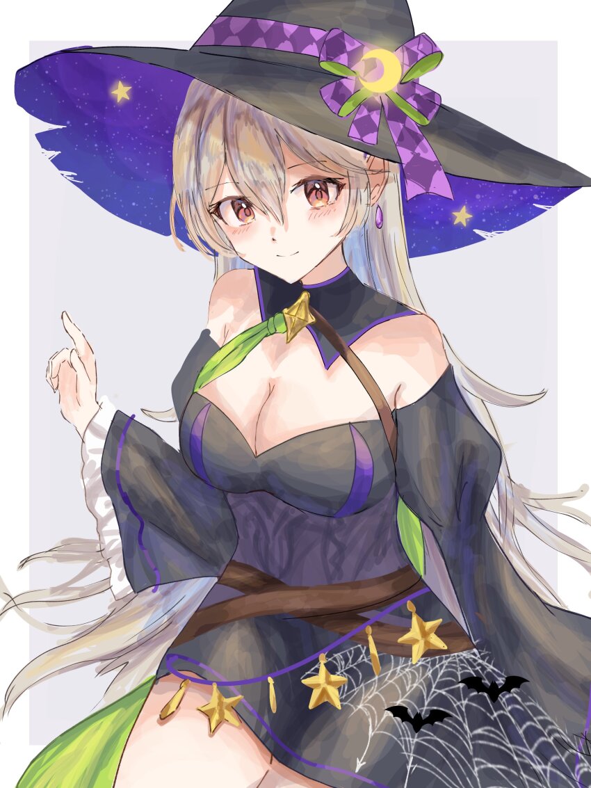 1girl absurdres arm_up black_dress black_hat blonde_hair border breasts cleavage closed_mouth commentary_request corrin_(female)_(fire_emblem) corrin_(female)_(halloween)_(fire_emblem) crescent crescent_hat_ornament dress earrings fire_emblem fire_emblem_fates fire_emblem_heroes grey_background hair_between_eyes hat hat_ornament highres jewelry large_breasts latte_bf looking_at_viewer nintendo outside_border red_eyes simple_background sitting smile solo spider_web_print white_border wide_sleeves witch_hat