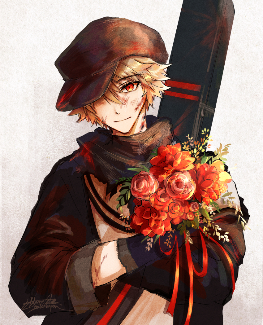 1boy arknights black_gloves black_hat black_jacket blood blood_on_face bouquet newsboy_cap closed_mouth flower gloves grey_background hair_between_eyes hat highres holding holding_bouquet jacket light_brown_hair looking_at_viewer male_focus oonohara_kenya open_clothes open_jacket red_(npc)_(arknights) red_eyes red_flower red_rose rose shirt simple_background smile solo upper_body white_shirt