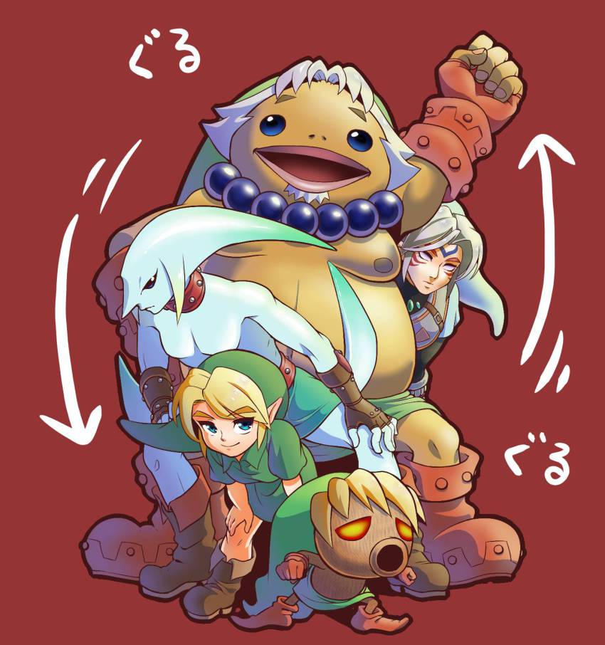3boys alternate_form arm_up arrow_(symbol) bad_id bad_pixiv_id blonde_hair blue_eyes choo_choo_train deku deku_link deku_scrub fierce_deity fingerless_gloves fusion gloves goron goron_link hat highres link male_focus multiple_boys multiple_persona myaako nintendo pointy_ears possessed possession smile the_legend_of_zelda the_legend_of_zelda:_majora&#039;s_mask young_link zora zora_link