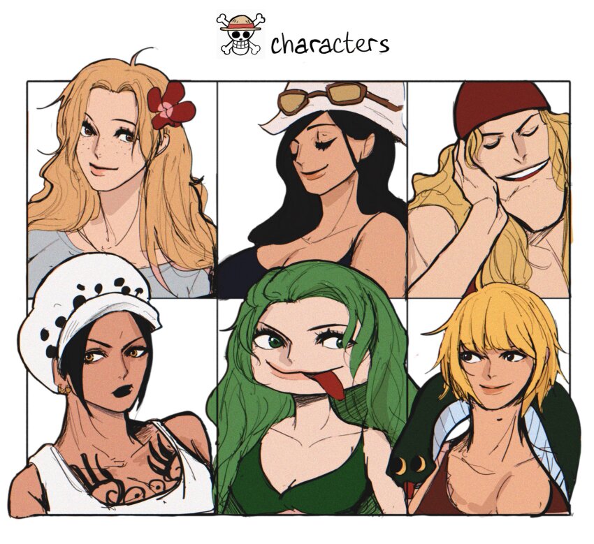 1boy 5girls amazon_warrior bad_id bad_twitter_id bandana black_hair black_lips blonde_hair boa_sandersonia bob_cut breasts chest_tattoo cleavage closed_eyes dr000mi earrings edward_newgate eyewear_on_head flower freckles genderswap genderswap_(mtf) green_hair hair_flower hair_ornament hat hibiscus highres jewelry jolly_roger long_hair marguerite_(one_piece) multiple_girls nico_robin nico_robin_(dressrosa) one_piece portgas_d._rouge red_bandana short_hair simple_background smile snake straw_hats_jolly_roger tank_top tattoo trafalgar_law white_background white_hat white_tank_top yellow_eyes