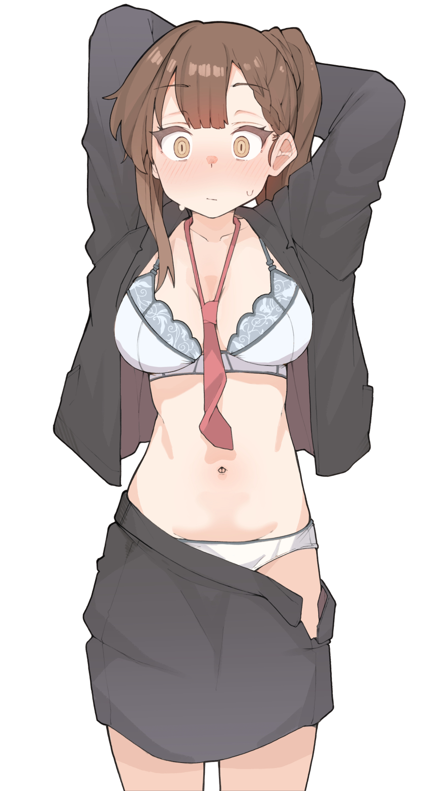 1girl absurdres arms_behind_head black_jacket black_skirt blush bra breasts brown_eyes brown_hair closed_mouth collarbone commentary cowboy_shot highres jacket kotobuki_hisako large_breasts looking_at_viewer navel necktie open_clothes open_mouth open_skirt panties red_necktie s10021 seitokai_ni_mo_ana_wa_aru! simple_background skirt solo stomach sweat underwear white_background white_bra white_panties
