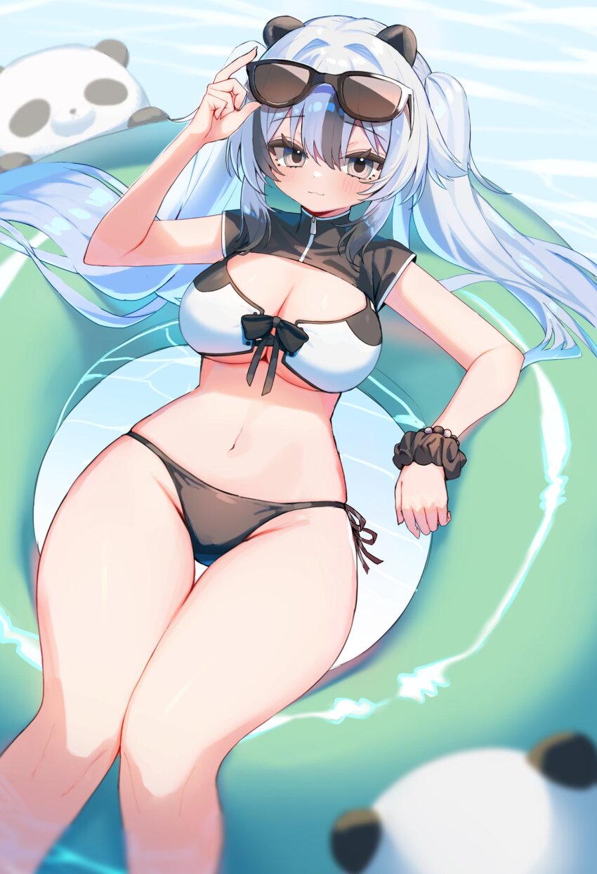 1girl adjusting_eyewear animal_ears bikini black_bikini black_shrug black_streaks breasts commentary_request eyewear_on_head feet_out_of_frame front-tie_bikini_top front-tie_top highres innertube large_breasts looking_at_viewer moti_yousei multicolored_hair navel original panda panda_ears scrunchie shrug_(clothing) side-tie_bikini_bottom smile solo streaked_hair sunglasses swim_ring swimsuit twintails white_bikini white_hair wrist_scrunchie