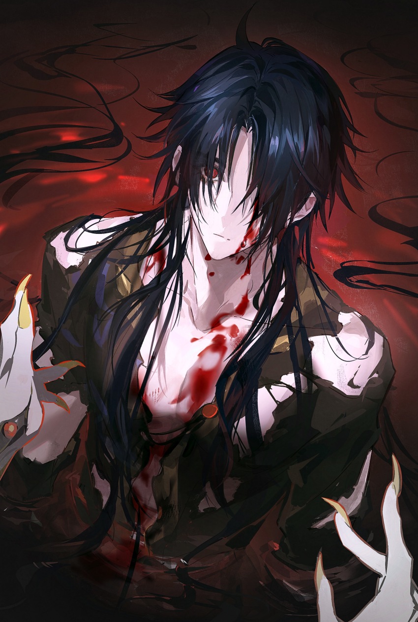 1boy 1other absurdres black_hair black_jacket blade_(honkai:_star_rail) blood blood_in_water blood_on_body bloody_tears chinese_clothes chinese_commentary collarbone commentary_request fingernails hair_over_one_eye highres honkai:_star_rail honkai_(series) jacket long_fingernails looking_at_viewer male_focus pale_skin partially_submerged pov red_eyes the_other_side torn_cloth torn_clothes yaoshi_(honkai:_star_rail)