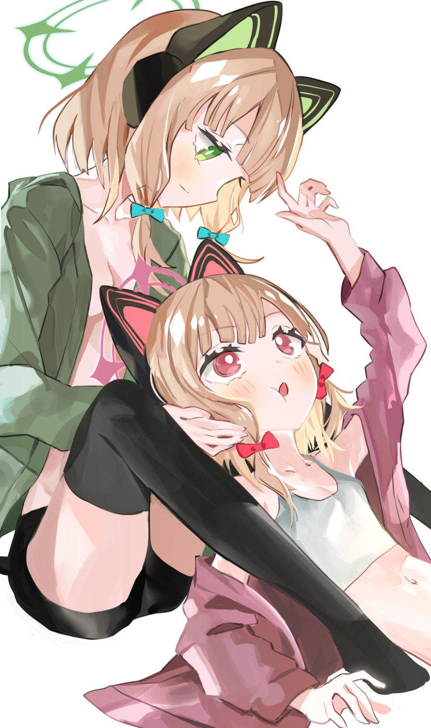 2girls absurdres alternate_costume animal_ear_headphones animal_ears aqua_bow black_shorts black_thighhighs blonde_hair blue_archive bow breasts cheek_squash cleavage closed_mouth commentary fake_animal_ears green_eyes green_jacket grey_halo hair_bow halo hand_up headphones highres jacket looking_at_another lying_on_person medium_breasts midori_(blue_archive) momoi_(blue_archive) multiple_girls navel no_bra pink_eyes pink_halo pink_jacket red_bow ryoma_(rym_369) short_hair shorts siblings simple_background sisters small_breasts tank_top thighhighs twins white_background white_tank_top