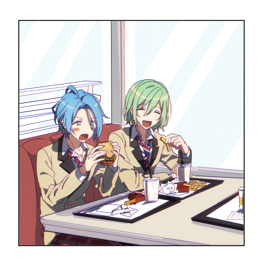 10gerine 2boys aged_down aqua_hair blazer blue_hair blush_stickers booth_seating border burger chair closed_eyes collared_shirt cup disposable_cup dot_nose eating ensemble_stars! eyes_visible_through_hair facing_to_the_side fast_food food french_fries hair_between_eyes highres himeru_(ensemble_stars!) holding holding_burger holding_food indoors jacket lapels long_sleeves looking_at_food male_focus medium_hair multicolored_necktie multiple_boys necktie official_alternate_hair_length official_alternate_hairstyle on_chair open_collar open_mouth school_uniform shirt side-by-side sitting striped_clothes striped_necktie table tojo_kaname tray two-handed vertical-striped_clothes vertical-striped_necktie white_border white_shirt window wing_collar yellow_eyes yellow_jacket