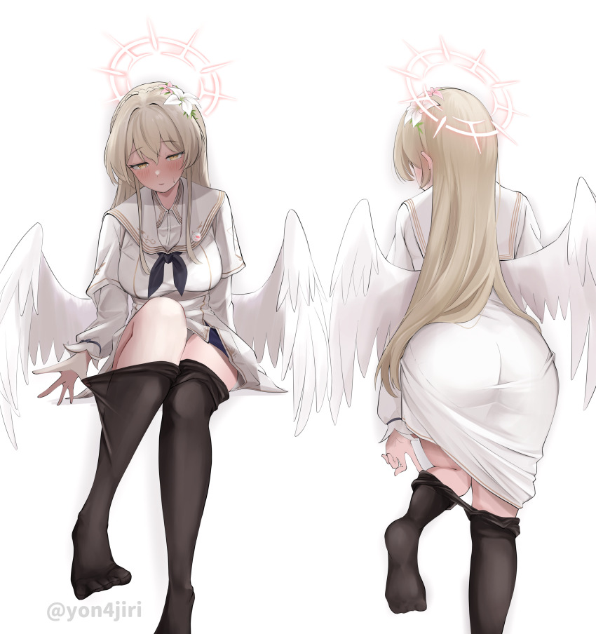 1girl 4jiri absurdres ass black_neckerchief black_pantyhose blonde_hair blue_archive blush breasts commentary_request dress feathered_wings flower hair_flower hair_ornament halo highres invisible_chair large_breasts long_hair long_sleeves looking_at_viewer multiple_views nagisa_(blue_archive) neckerchief pantyhose removing_legwear simple_background sitting straight_hair sweatdrop twitter_username very_long_hair white_background white_dress white_wings wings