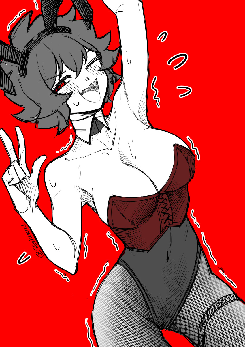 1girl absurdres animal_ears arm_up armpits breasts cleavage commentary contrapposto crosshatching fake_animal_ears fang fishnet_pantyhose fishnets flying_sweatdrops greyscale_with_colored_background hairband hatching_(texture) highres kin_(senukin) large_breasts leotard one_eye_closed open_mouth original pantyhose playboy_bunny red_background red_eyes senukin signature skin_fang smile solo spot_color strapless strapless_leotard trembling w