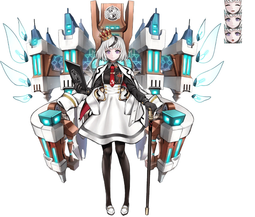 1girl black_gloves black_hair black_leggings book building cane capelet closed_eyes closed_mouth crossover crown danganronpa:_trigger_happy_havoc danganronpa_(series) dress eyebrows eyelashes facial_expressions female_focus formal_clothes gloves highres hime_cut holding holding_book hope&#039;s_peak_academy humanization kibogamine_gakuen leggings logo looking_at_viewer multicolored_hair necktie official_art open_mouth oshiro_project:re purple_eyes school solo solo_focus suit tagme transparent_background white_capelet white_dress white_footwear white_hair