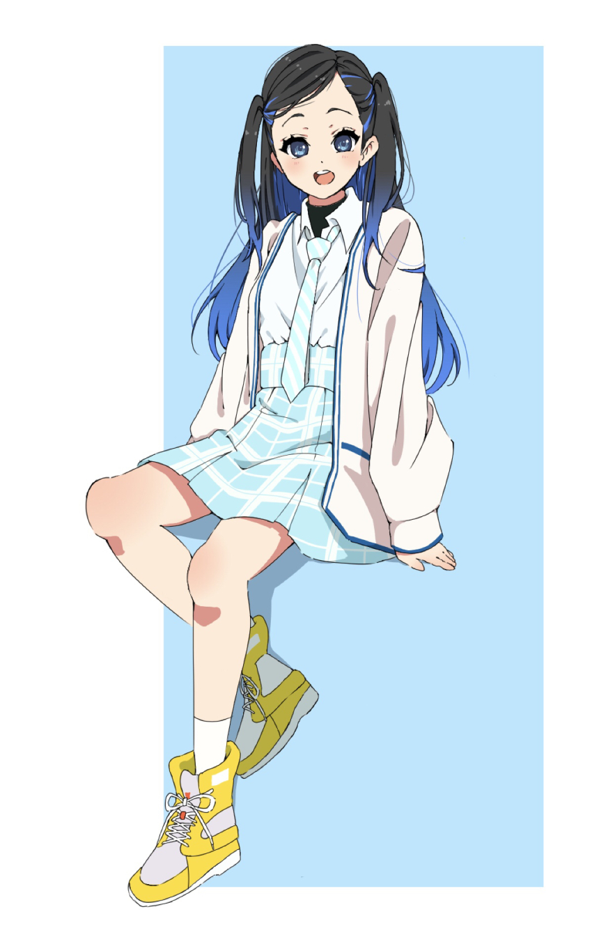 1girl 22/7 aqua_necktie aqua_skirt black_hair blue_background blue_eyes blue_hair collared_shirt full_body gradient_background highres jacket long_hair long_sleeves looking_at_viewer miniskirt necktie nishiura_sora open_clothes open_jacket open_mouth plaid_clothes plaid_skirt shirt shoes skirt socks solo striped_clothes tanpaku_(oqu_2) teeth two-tone_background upper_teeth_only vertical-striped_clothes vertical-striped_necktie white_jacket white_shirt white_socks yellow_shoes