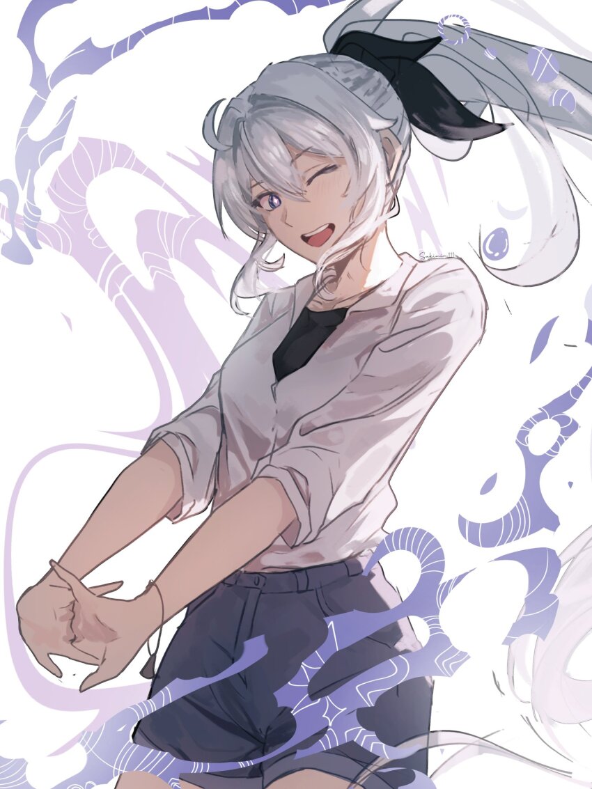 1girl artist_name black_ribbon black_shorts commentary cowboy_shot cracking_knuckles diamond-shaped_pupils diamond_(shape) english_commentary hair_ribbon high_ponytail highres honkai_(series) honkai_impact_3rd kiana_kaslana kiana_kaslana_(herrscher_of_finality) long_hair one_eye_closed open_mouth ponytail ribbon sakimim shirt shorts smile solo symbol-shaped_pupils white_hair white_shirt