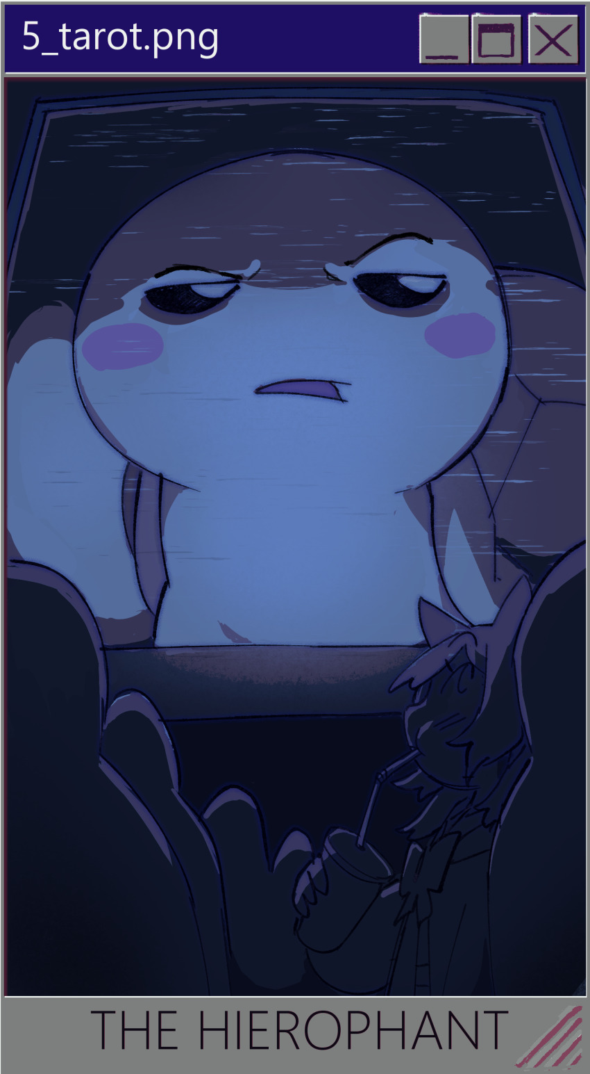 1girl absurdres animal_ears blush_stickers card_(medium) cat_ears crowd cup disposable_cup drinking_straw highres holding holding_cup indie_virtual_youtuber long_hair microsoft_windows monitor neuro-sama non-web_source pasharuu sidelocks static tarot tarot_(medium) the_hierophant_(tarot) turtle vedal987 windows_95 windows_classic
