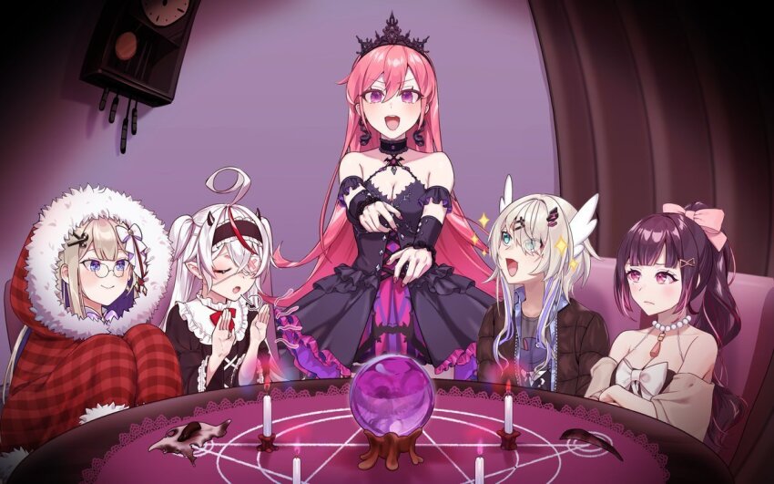 5girls ahoge ama_(pixiv_50406250) amanogawa_shiina black_collar black_dress black_hair black_headband black_horns blonde_hair blue_eyes bow breasts breath candle character_print cleavage clock closed_eyes collar collared_shirt cuckoo_clock dress eyepatch eyes_visible_through_hair frilled_collar frilled_dress frilled_headband frills fur-trimmed_hoodie fur_trim h2osakana hair_between_eyes hair_bow hair_ornament head_wings headband himemiya_rie hood hoodie horns jacket long_hair multicolored_hair multiple_girls open_clothes open_jacket open_mouth open_shirt orb pentagram phase_connect pink_bow pink_eyes pink_hair purple_eyes red_hair red_hoodie remilia_nephys rinkou_ashelia runie_ruse scissors_hair_ornament shirt sitting smile sparkle streaked_hair virtual_youtuber white_bow white_hair white_wings wings