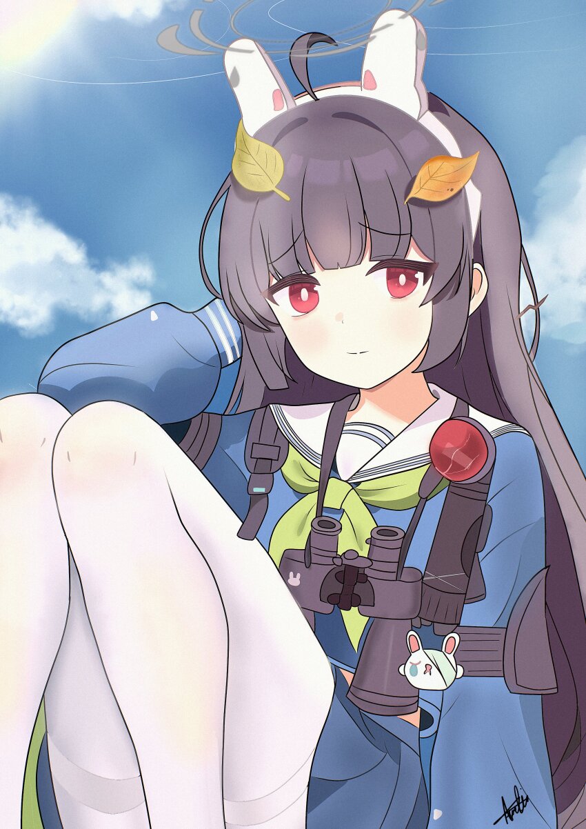 1girl absurdres animal_ear_hairband animal_ears arm_at_side aurelia88 black_hair blue_archive blue_serafuku blue_shirt blue_skirt blue_sky blunt_bangs blunt_ends bright_pupils closed_mouth commentary convenient_leg day fake_animal_ears feet_out_of_frame furrowed_brow green_neckerchief hairband hand_up highres hime_cut knees_up leaf leaf_on_head light_smile long_hair long_sleeves looking_at_viewer miniskirt miyu_(blue_archive) neckerchief outdoors pantyhose rabbit_ears red_eyes sailor_collar school_uniform serafuku shirt sidelocks signature sitting skirt sky solo split_mouth straight_hair sunlight thighband_pantyhose thighs very_long_hair white_pantyhose white_pupils white_sailor_collar