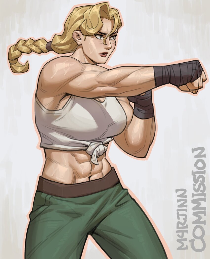1girl abs artist_name atlantis:_the_lost_empire belt blonde_hair blue_eyes braid breasts brown_belt clenched_hand clenched_hands green_pants hair_between_eyes hand_wraps helga_sinclair highres large_breasts lipstick long_hair m4rjinn makeup midriff mole mole_under_eye muscular muscular_female outline pants parted_lips punching shirt signature sleeveless solo sweat tank_top tied_shirt white_shirt white_tank_top