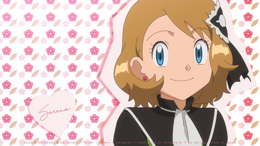1girl ascot black_ribbon blonde_hair blue_eyes character_name closed_mouth commission earrings eyelashes floral_background hair_ribbon jewelry looking_at_viewer medium_hair nintendo novanoah official_alternate_costume pokemon pokemon_(anime) pokemon_masters_ex pokemon_xy_(anime) ribbon serena_(pokemon) serena_(sygna_suit)_(pokemon) smile solo upper_body watermark white_ascot