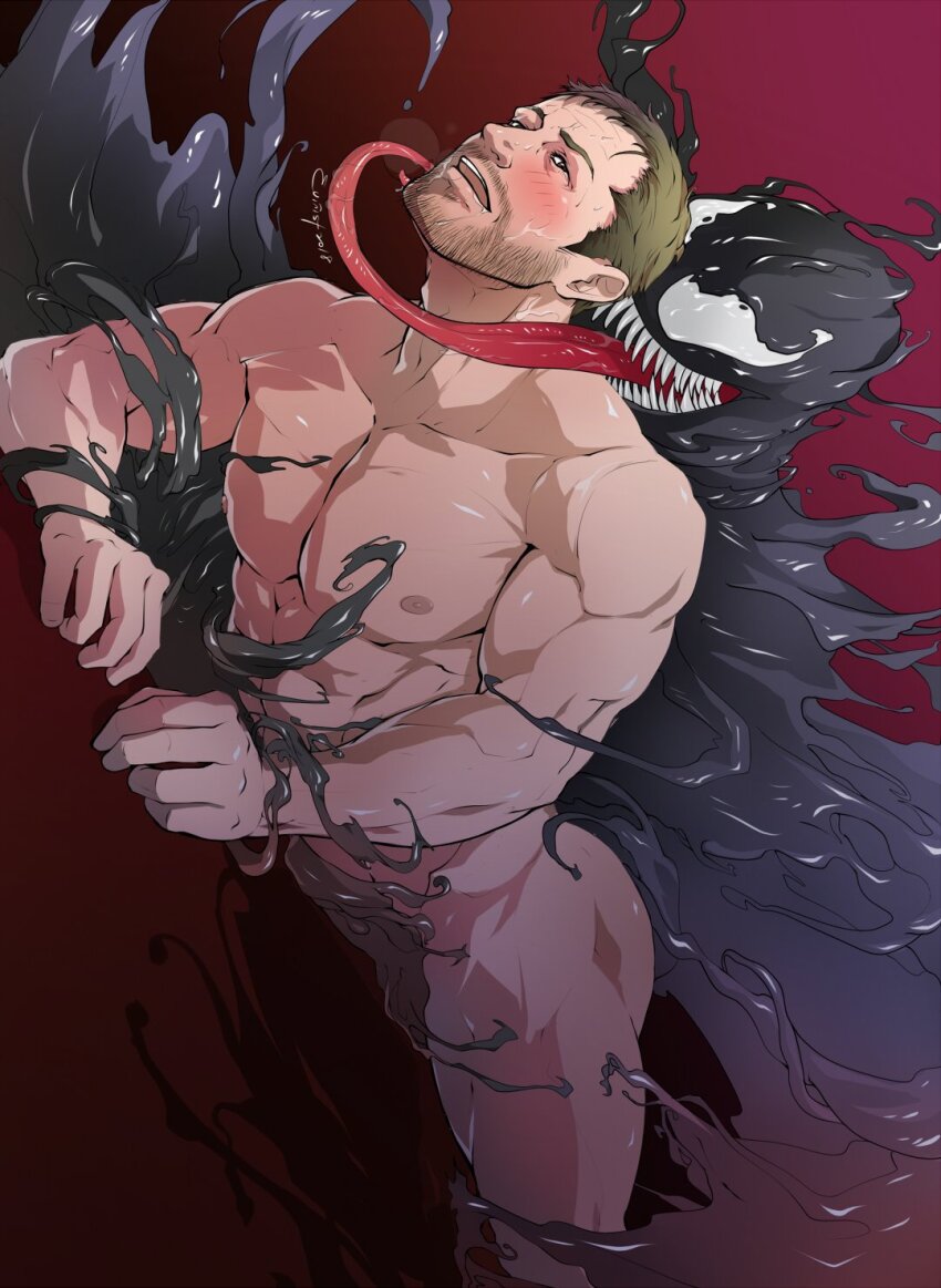 2boys abs bara beard blonde_hair blush completely_nude denim eddie_brock evinist facial_hair feet_out_of_frame highres imminent_kiss interspecies jeans long_tongue lying male_focus marvel mature_male monster_boy multiple_boys muscular muscular_male navel nipples nude on_stomach pants sharp_teeth short_hair slime_boy stomach teeth thick_thighs thighs tongue tongue_out venom_(marvel) yaoi