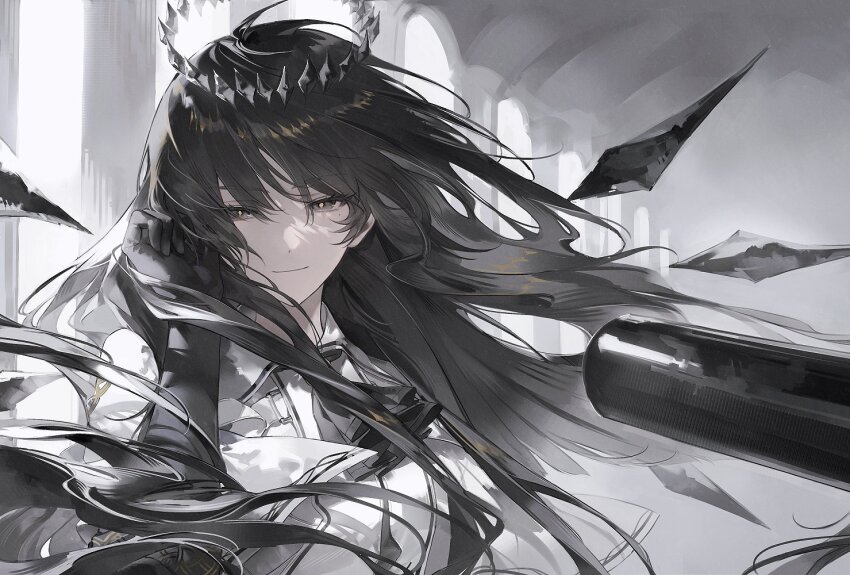 1girl arknights ascot black_ascot black_gloves black_hair close-up closed_mouth collared_shirt commentary_request ddinut floating_hair gloves halo hand_in_own_hair long_eyelashes looking_at_viewer shirt smile solo swept_bangs virtuosa_(arknights) yellow_eyes