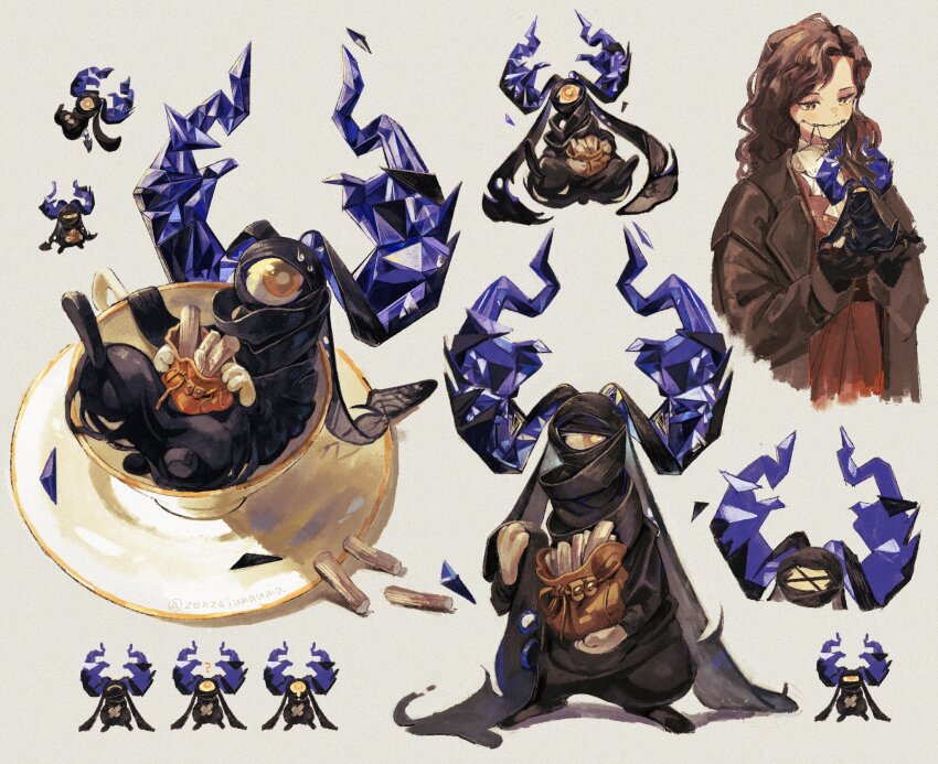 1girl bag big-teeth_jack black_gloves blue_horns braces brown_bag brown_coat brown_hair coat creature creature_on_hand cropped_torso cup curly_hair drawstring drawstring_bag dress full_body gloves half-closed_eyes highres holding holding_bag horns in_container in_cup legs_up long_hair looking_at_creature looking_at_viewer looking_down looking_to_the_side lying multiple_views no_humans on_back on_ground one-eyed orange_eyes pyopyo red_dress reverse:1999 saucer shirt sitting sitting_on_hand standing sweatdrop teacup tooth tooth_fairy_(reverse:1999) upper_body white_background white_shirt