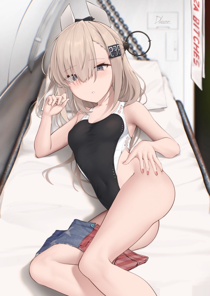 1girl bare_arms black_one-piece_swimsuit brown_hair covered_navel driftkingtw feet_out_of_frame grey_eyes hair_between_eyes headgear highres kantai_collection long_hair looking_at_viewer lying on_side one-piece_swimsuit parted_lips red_nails skirt skirt_around_one_leg solo swimsuit two-tone_one-piece_swimsuit wahoo_(kancolle) white_one-piece_swimsuit