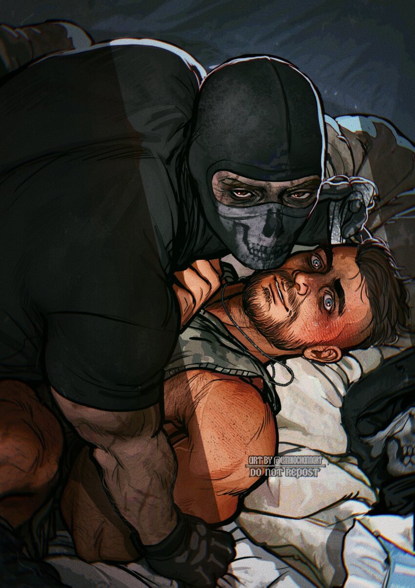 2boys bara black_gloves black_hair black_shirt call_of_duty call_of_duty:_modern_warfare_2 facepaint facial_hair ghost_(modern_warfare_2) gloves green_tank_top highres large_pectorals lying male_focus mask multiple_boys muscular on_back on_bed pectorals shirt short_hair skull_mask soap_(modern_warfare_2) tank_top twitter_username umikochannart yaoi