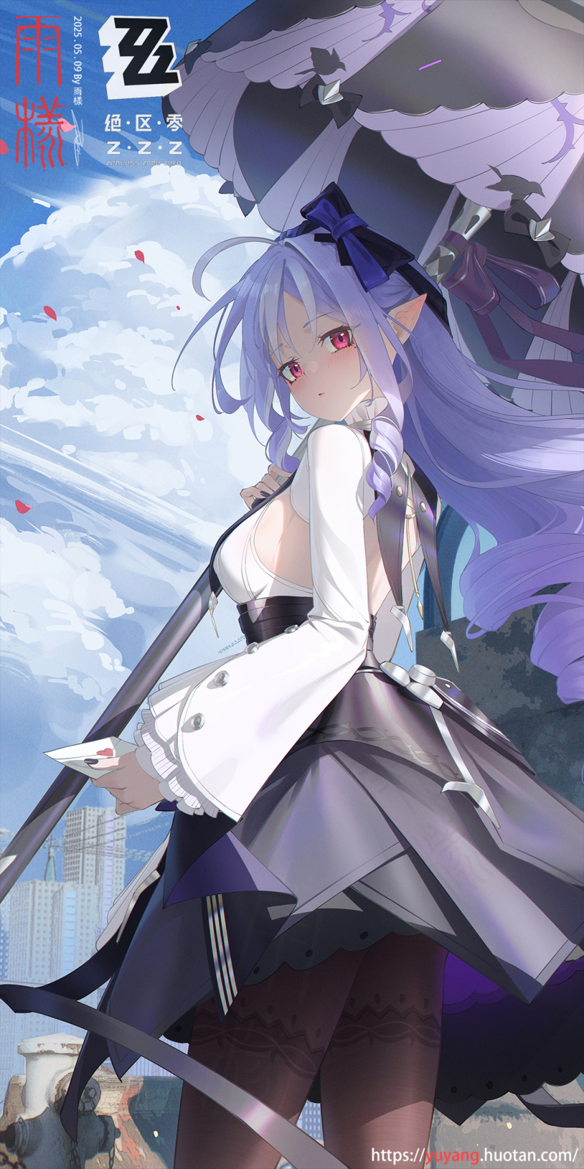 1girl artist_name black_pantyhose blush breasts closed_mouth cloud commentary_request copyright_name dated day dress fire_hydrant from_side highres holding holding_letter holding_umbrella large_breasts letter long_hair long_sleeves looking_at_viewer looking_to_the_side outdoors pantyhose pointy_ears purple_hair purple_umbrella rain_sama red_eyes solo umbrella very_long_hair vivian_banshee watermark web_address zenless_zone_zero