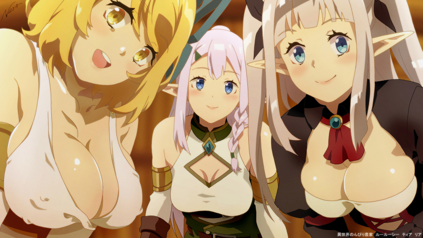 3girls black_bow blonde_hair blue_eyes blue_ribbon bow braid breasts cleavage cleavage_cutout clothing_cutout covered_erect_nipples detached_sleeves elf grey_hair hair_bow hair_ribbon highres isekai_nonbiri_nouka large_breasts long_hair looking_at_viewer medium_breasts multiple_girls nolia pointy_ears ria_(isekai_nonbiri_nouka) ribbon rurushi_ru signature tia_(isekai_nonbiri_nouka) twintails yellow_eyes