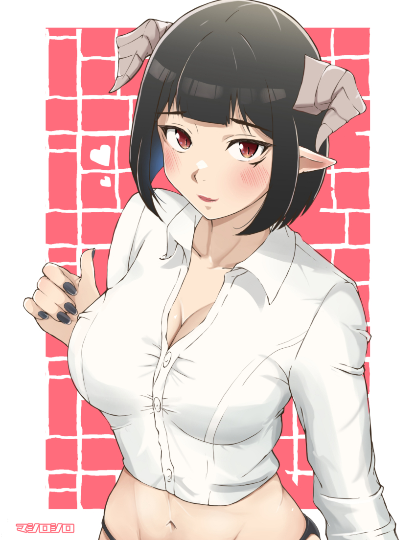 1girl black_panties blush breasts cleavage closed_mouth demon_girl demon_horns groin heart highres hime-sama_&quot;goumon&quot;_no_jikan_desu horns large_breasts lipstick looking_at_viewer makeup mashiroshiro nail_polish navel panties partially_unbuttoned pointy_ears red_eyes shirt short_hair simple_background slit_pupils smile solo torture_tortura underwear upper_body white_shirt
