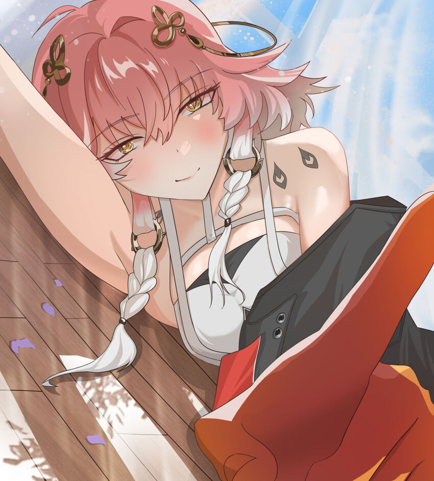 1girl absurdres bare_shoulders black_jacket blush braid changjun changli_(wuthering_waves) closed_mouth hair_ornament highres jacket looking_at_viewer lying multicolored_hair on_side petals pink_hair smile solo tattoo wooden_floor wuthering_waves yellow_eyes
