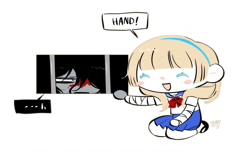 1boy 1girl bandaged_arm bandages bbabbamis2 black_eyes black_hair blonde_hair blood blood_on_face blue_serafuku blush_stickers borrowed_character chibi english_text heroine_(homicipher) highres holding_hands homicipher kneeling long_hair looking_at_another mr._gap school_uniform serafuku simple_background white_background