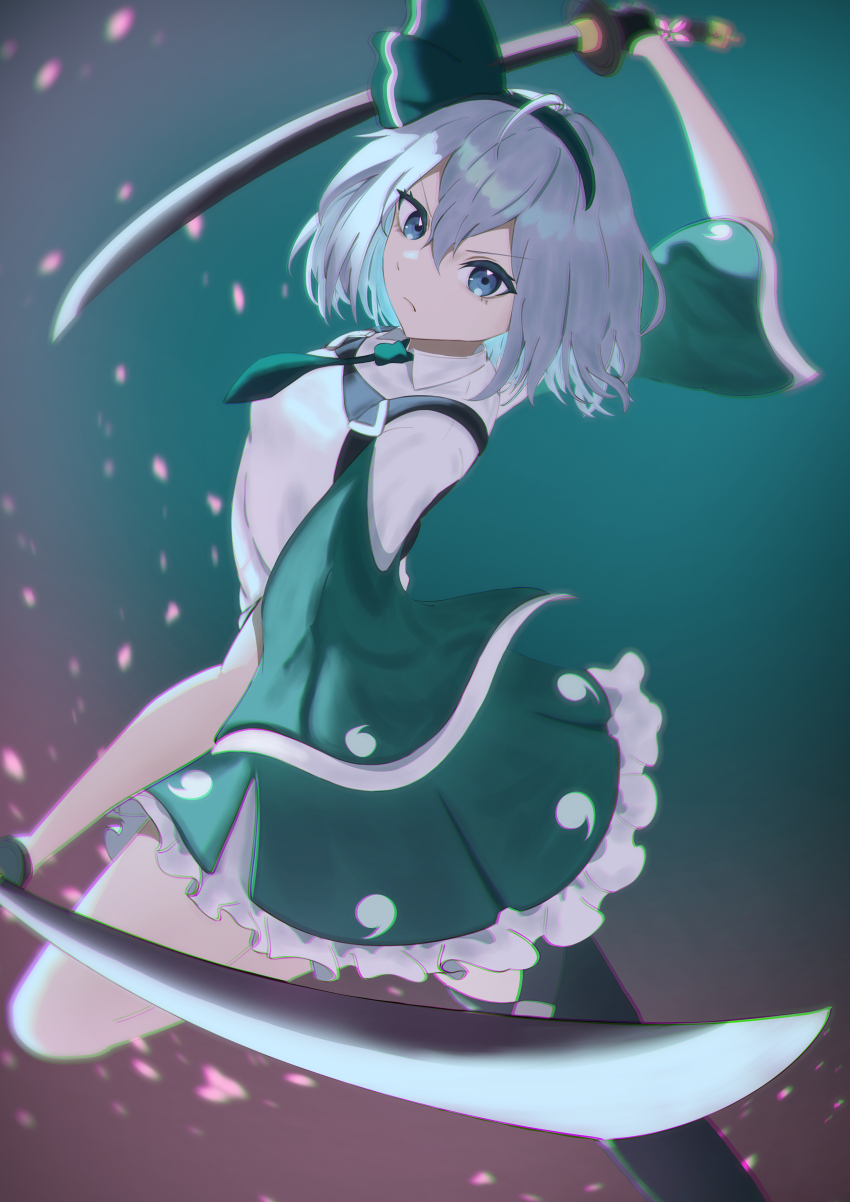 1girl absurdres arm_up black_hairband blue_eyes brown_eyes closed_mouth concentrating frills green_eyes green_necktie green_shirt grey_hair hair_between_eyes hair_ribbon hairband highres holding holding_sword holding_weapon knee_up konpaku_youmu long_sleeves necktie ribbon shirt short_hair short_necktie solo standing standing_on_one_leg sword tachyon663504 touhou weapon white_trim