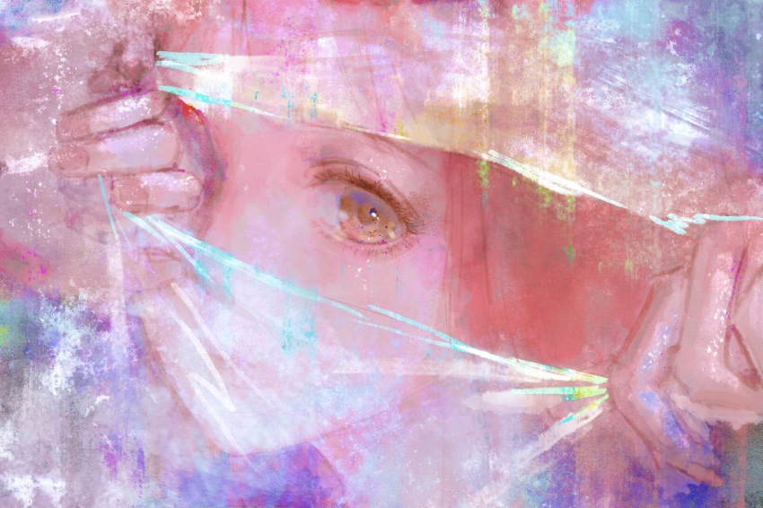 1girl absurdres brown_eyes closed_mouth colorful_background expressionless eye_focus eyelashes fingernails glitter highres lips nikki_(nikki) nikki_(series) pink_hair portrait sea0 shining_nikki solo