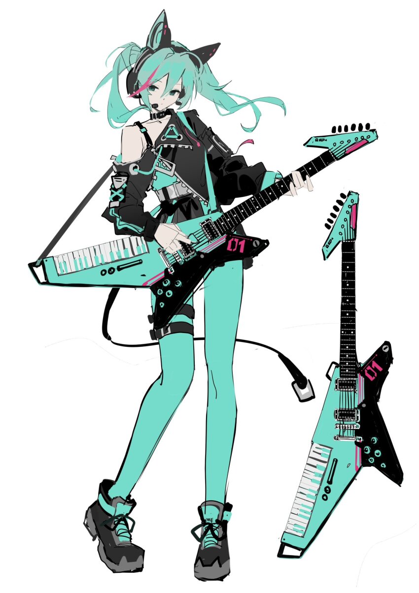 1girl alternate_costume animal_ear_headphones animal_ears aqua_eyes aqua_leggings asymmetrical_jacket baggy_clothes belt black_choker black_jacket black_shoes black_skirt cat_ear_headphones choker collarbone colored_skin contrapposto electric_guitar expressionless fake_animal_ears flat_color grey_belt grey_skin guitar half-closed_eyes hatsune_miku head_tilt headphones headset highres holding holding_guitar holding_instrument instrument jacket jiu_ye_sang keytar leggings long_hair looking_at_viewer miniskirt multicolored_hair music open_clothes open_jacket pale_skin playing_instrument serious shoes single_bare_shoulder skirt sneakers solo streaked_hair twintails vocaloid white_background zipper zipper_pull_tab