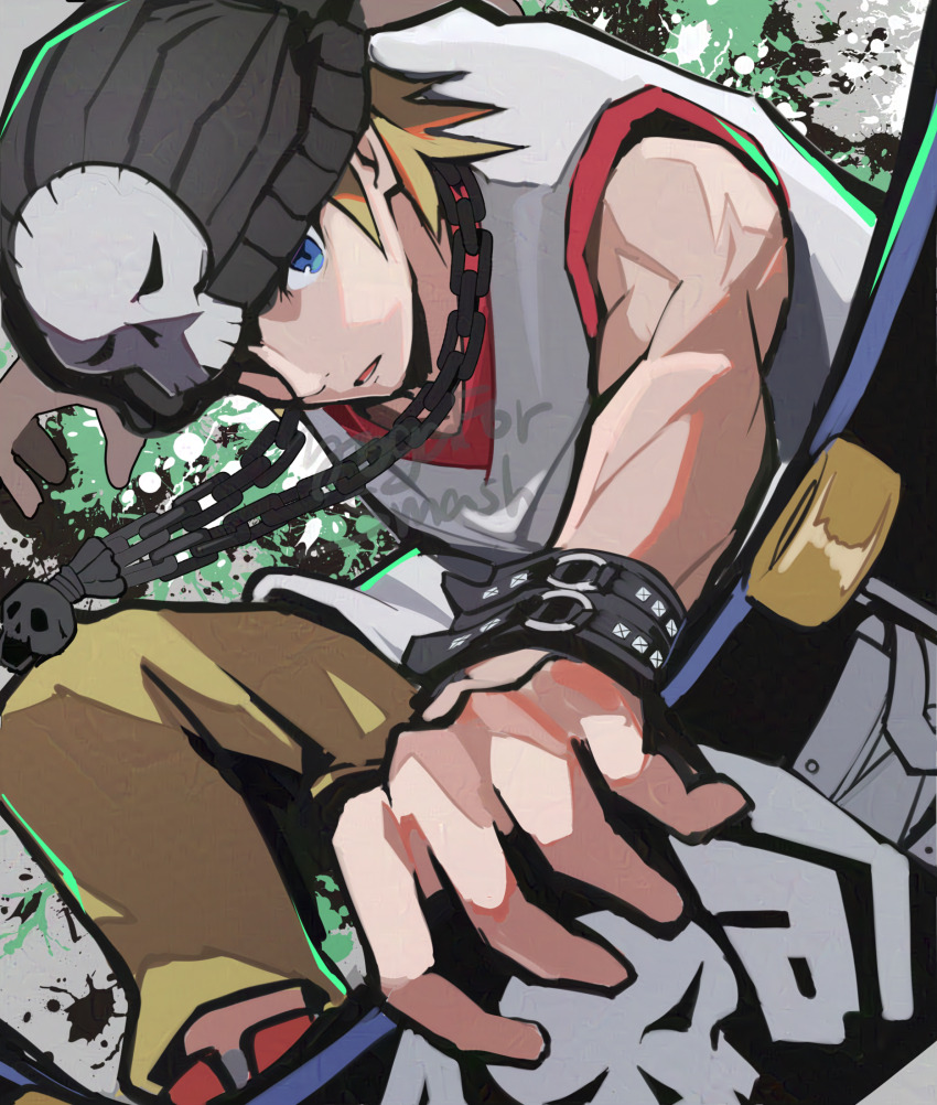 beanie bito_daisukenojo blonde_hair blue_eyes chain hat highres hirotaka_(hrtk990203) one_eye_covered pants shirt signature skateboard skull subarashiki_kono_sekai white_shirt yellow_pants