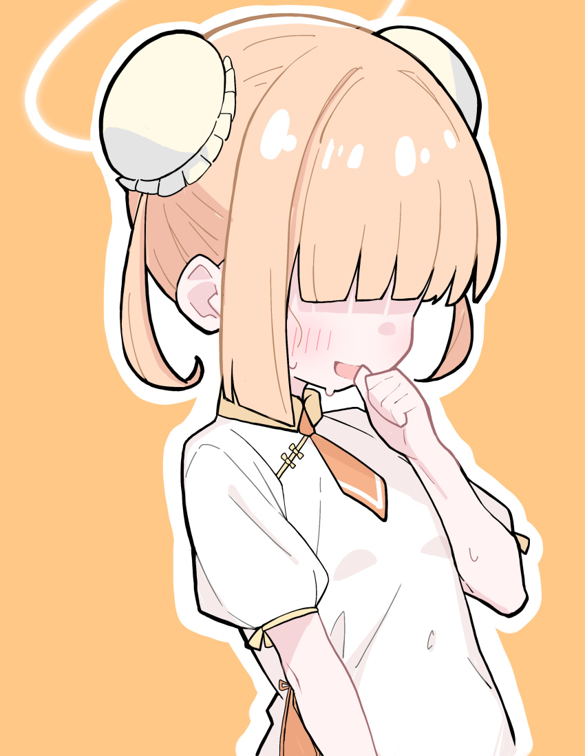 1girl absurdres blonde_hair blue_archive blush bun_cover china_dress chinese_clothes collared_shirt contrast_collar covered_eyes dress hair_over_eyes halo hand_to_own_mouth highres long_bangs necktie open_mouth orange_background orange_necktie outline puffy_short_sleeves puffy_sleeves shanhaijing_secondary_school_student_(blue_archive) shirt short_hair short_necktie short_sleeves simple_background solo spacecrab sweat white_outline white_shirt