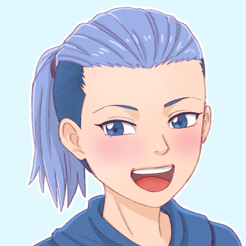 1girl absurdres blue_eyes blue_hair blush female_focus herokick highres hood hoodie ponytail short_hair sideways_glance smile solo tsukihime tsukihime_souka upper_body