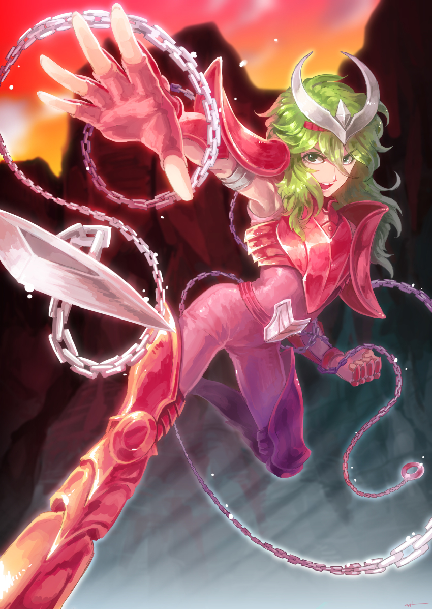 1boy absurdres androgynous andromeda_shun armor armored_boots belt bishounen bodysuit boots breastplate chain chain_weapon fake_horns fingerless_gloves food_fighter_441 full_body gauntlets gloves green_eyes green_hair highres horned_headwear horns knee_up lips long_hair looking_at_viewer male_focus narrow_waist open_mouth outstretched_hand pauldrons pink_armor pink_bodysuit pink_gloves saint_seiya shoulder_armor solo v-shaped_eyebrows