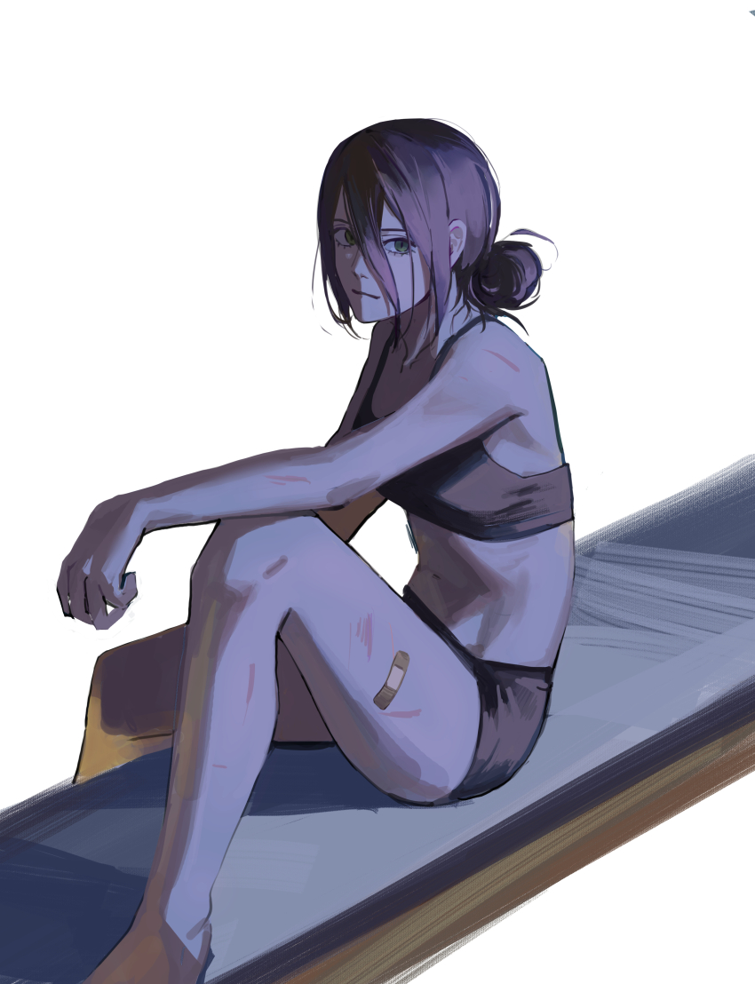 1girl absurdres bandaid bandaid_on_leg black_hair black_shorts chainsaw_man green_eyes hair_between_eyes hair_bun highres looking_at_viewer null_(skev7724) reze_(chainsaw_man) scrape short_hair shorts simple_background single_hair_bun solo sports_bra white_background