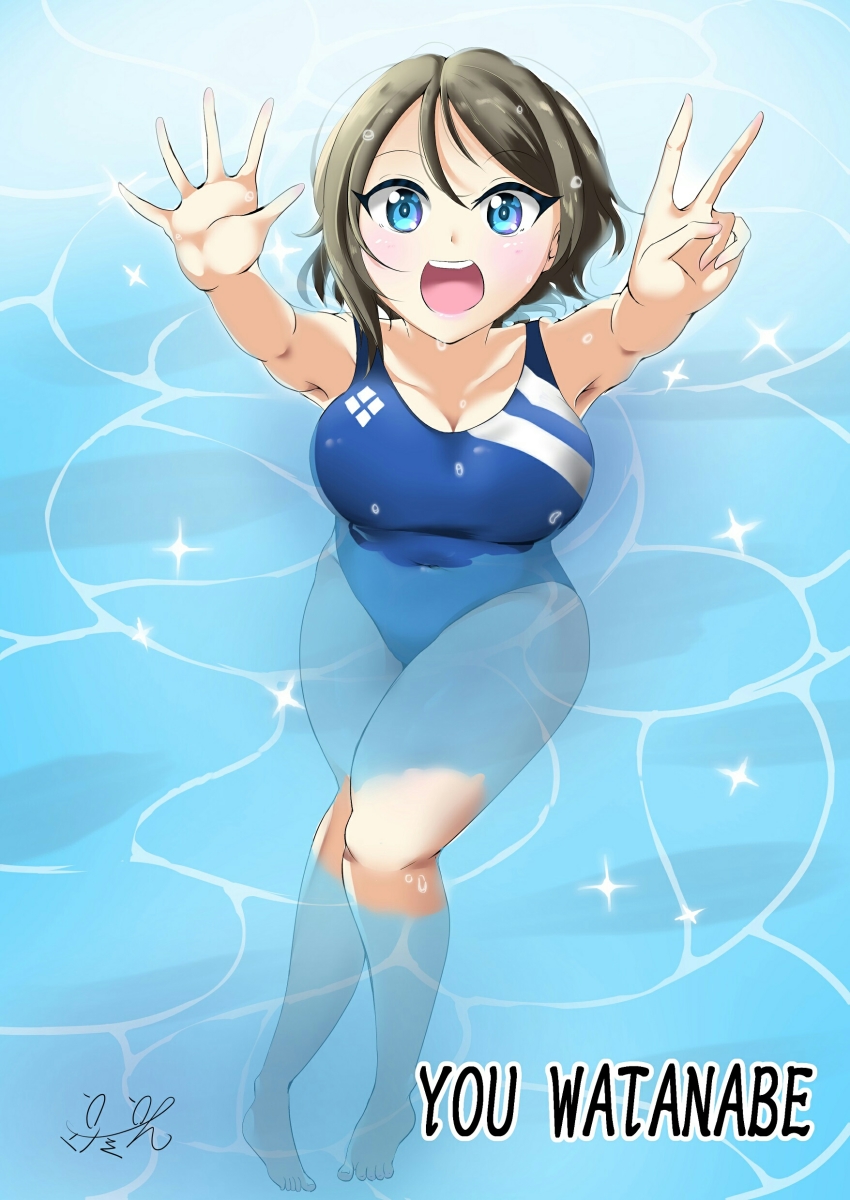 1girl absurdres artist_name artist_request bare_legs bare_shoulders blue_eyes blue_one-piece_swimsuit blush breasts collarbone competition_swimsuit feet female_focus five full_body grey_hair highres horizon legs_together light_brown_hair looking_at_viewer love_live! love_live!_school_idol_festival love_live!_sunshine!! manami_(nbnbmanmin) medium_breasts ocean one-piece_swimsuit parted_lips peace pool short_hair smile solo swimsuit watanabe_you