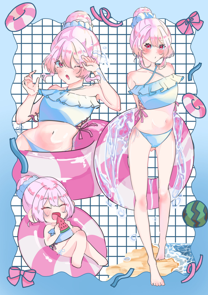1girl absurdres bikini blue_bikini brown_eyes highres pink_hair ponytail swimsuit water_melon