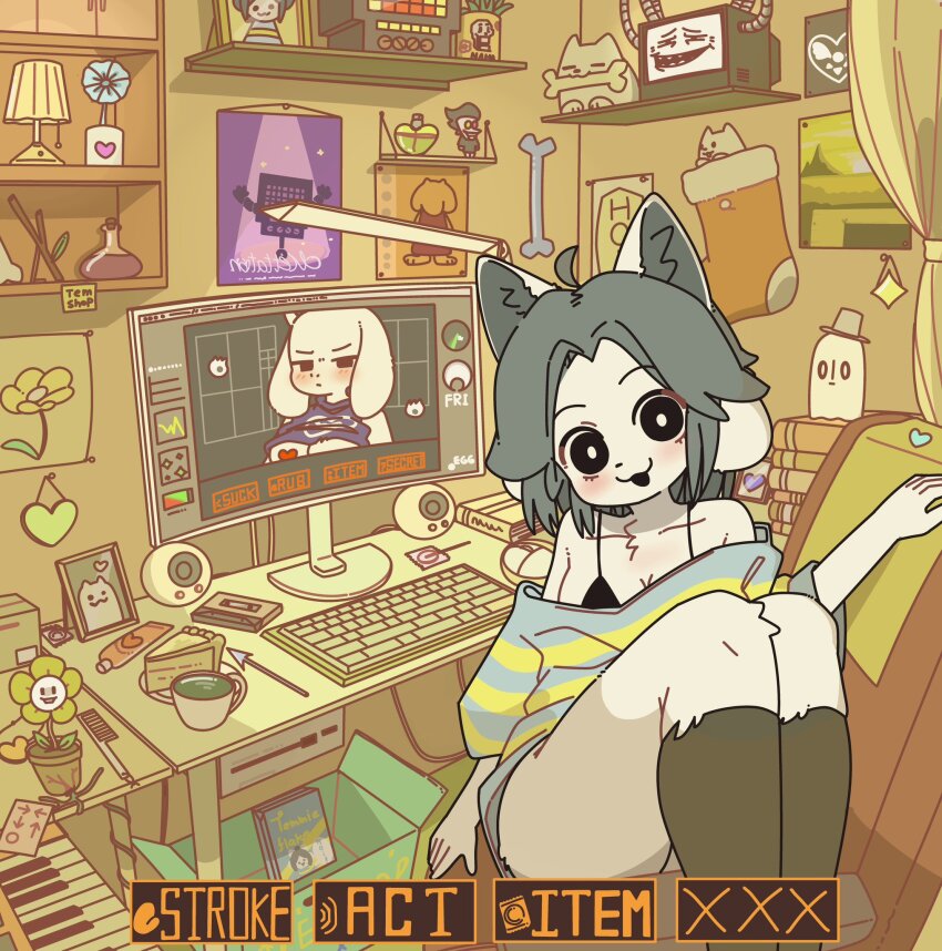 1girl :3 :d ahoge animal_ear_fluff animal_ears annoying_dog bare_shoulders black_bra black_eyes black_socks blue_flower blue_shirt blush bone book book_stack bottle box bra breasts bright_pupils candy cardboard_box cassette_tape chair character_doll christmas_stocking cleavage collarbone comb commentary computer_keyboard condom condom_wrapper cup dialogue_options dog_ears dog_girl english_commentary flask flower flowey_(undertale) food furry furry_female gameplay_mechanics green_tea grey_hair hair_intakes hand_on_chair head_tilt heart highres indoors instrument keyboard_(instrument) kneehighs knees_up lamp lollipop looking_at_viewer medium_breasts medium_hair mettaton mettaton_(box) monitor napstablook narrowed_eyes no_pants off-shoulder_shirt off_shoulder office_chair on_chair open_mouth papyrus_(undertale) perfume_bottle personification picture_frame pie pie_slice plant plate poster_(object) potion potted_plant sexually_suggestive shelf shirt sitting sitting_sideways smile socks solo spamton_g._spamton speaker stick striped_clothes striped_shirt swivel_chair tea teacup temmie toriel unamused undertale underwear v-shaped_eyebrows white_fur white_pupils wide-eyed yagi_(mike_no_hito) yellow_shirt