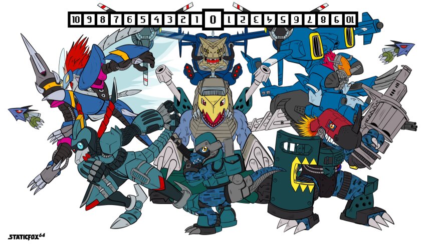 absurdres brigadramon cargodramon commandramon darkdramon digimon digimon_(creature) dragon grenade_launcher hi-commandramon highres missile missimon monochrome open_mouth sealsdramon shield tail tankdramon weapon wings