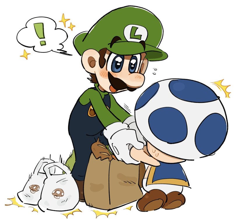 ! 2boys bag baguette bent_over blue_eyes blue_overalls blue_toad_(mario) bread brown_bag dropped_object facial_hair food full_body gloves green_hat green_shirt grocery_bag hat height_difference highres holding_hands long_sleeves looking_at_another luigi male_focus mario_(series) mimimi_(mimimim9999) multiple_boys mushroom mustache nintendo open_mouth overalls paper_bag shirt shoes shopping_bag short_hair simple_background smile sparkle toad_(mario) white_background white_bag white_gloves