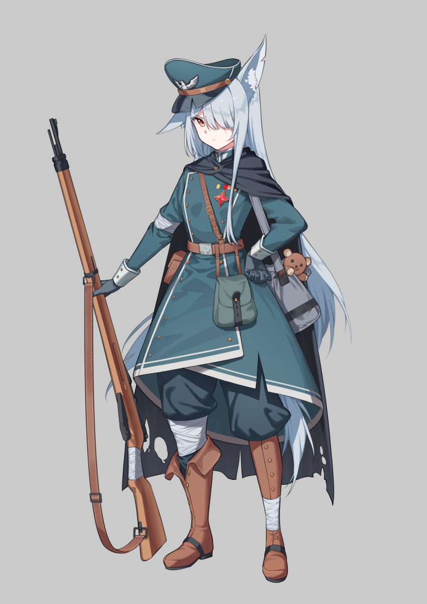1girl animal_ears bolt_action boots cape from_above full_body gloves grey_background gun hair_over_one_eye hat highres holding holding_gun holding_weapon long_hair looking_at_viewer military_hat military_uniform mosin-nagant ochiaki original rifle scar serious simple_background solo standing stuffed_animal stuffed_toy teddy_bear very_long_hair weapon wolf_girl