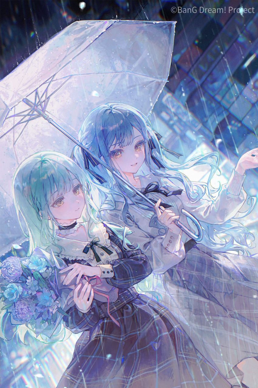 2girls backlighting bad_source bang_dream! bang_dream!_it&#039;s_mygo!!!!! belt black_belt black_choker black_dress black_ribbon blue_flower blue_hair blue_theme blurry blurry_background blush bouquet buttons chinese_commentary choker chromatic_aberration city_lights commentary_request copyright_name copyright_notice cucumber depth_of_field dress dutch_angle flower flower_request frilled_choker frilled_shirt_collar frills green_hair grey_skirt hair_ribbon hands_up highres holding holding_bouquet holding_umbrella light_smile long_hair long_sleeves looking_ahead looking_at_viewer maccha_(mochancc) medium_skirt multiple_girls neck_ribbon night official_art outdoors plaid_belt plaid_clothes plaid_dress plaid_skirt puritan_collar purple_flower railing rain ribbon second-party_source shirt side-by-side skirt sleeve_cuffs smile straight_hair togawa_sakiko transparent transparent_umbrella two-handed two_side_up umbrella wakaba_mutsumi white_shirt yellow_eyes
