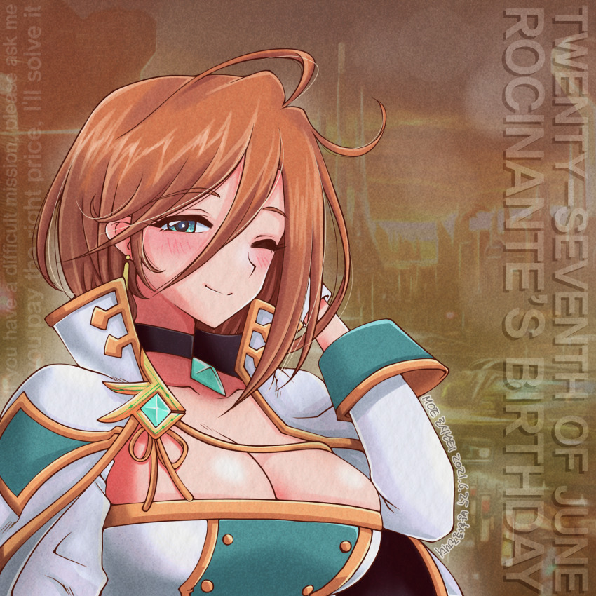 1girl ahoge aqua_gemstone artist_name banghwadongjopidi birthday black_choker blush breasts brown_hair building buttons cape character_name choker cleavage closed_mouth collarbone commentary_request copyright_name dated double-breasted english_text gloves green_eyes hair_between_eyes high_collar highres korean_commentary large_breasts lens_flare looking_at_viewer master_of_eternity one_eye_closed partial_commentary rocinante_(master_of_eternity) short_hair smile solo upper_body white_cape white_gloves