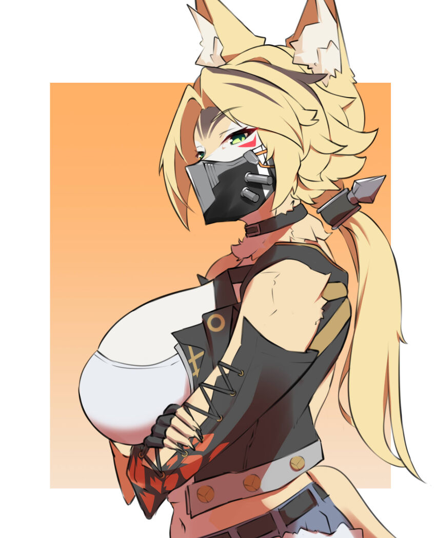 1girl animal_ear_fluff animal_ears arms_under_breasts black_choker black_gloves black_mask blonde_hair blue_shorts cat_ears cat_girl cat_tail choker cropped_jacket fingerless_gloves furry furry_female gloves green_eyes highres kududama long_hair looking_at_viewer ponytail pulchra_fellini shirt shorts sideburns solo tail white_shirt yellow_fur zenless_zone_zero
